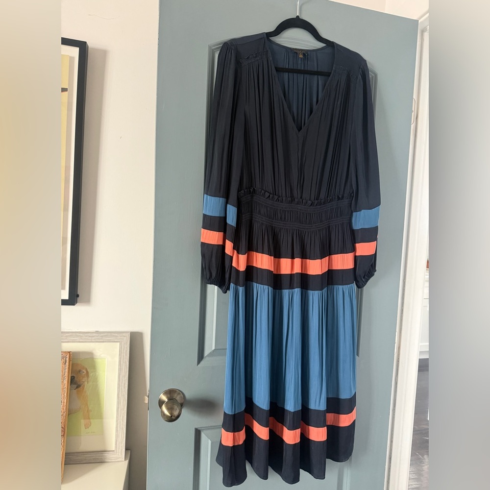 Anthropologie CurtentAir Navy Dress with Blue and Coral Stripe Accents